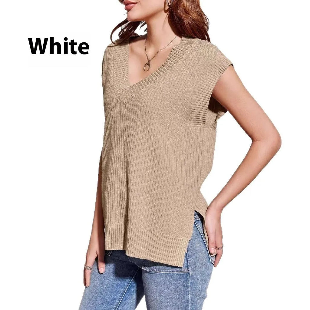 Camel coloured v-neck sleeveless loose pullover vest with striped pattern and folding detailing