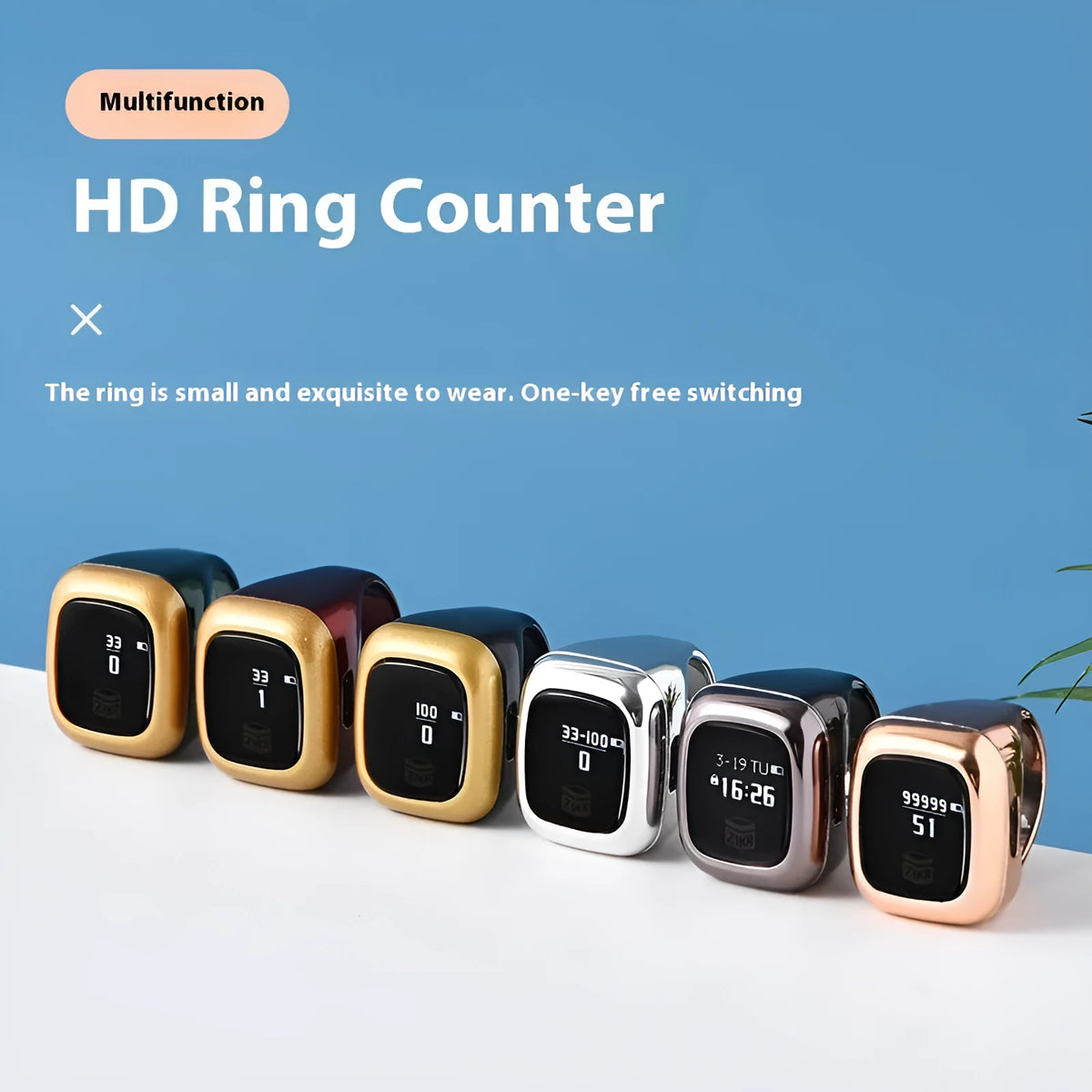Electronic counter with digital display on a wristband, shown in multiple colour options.