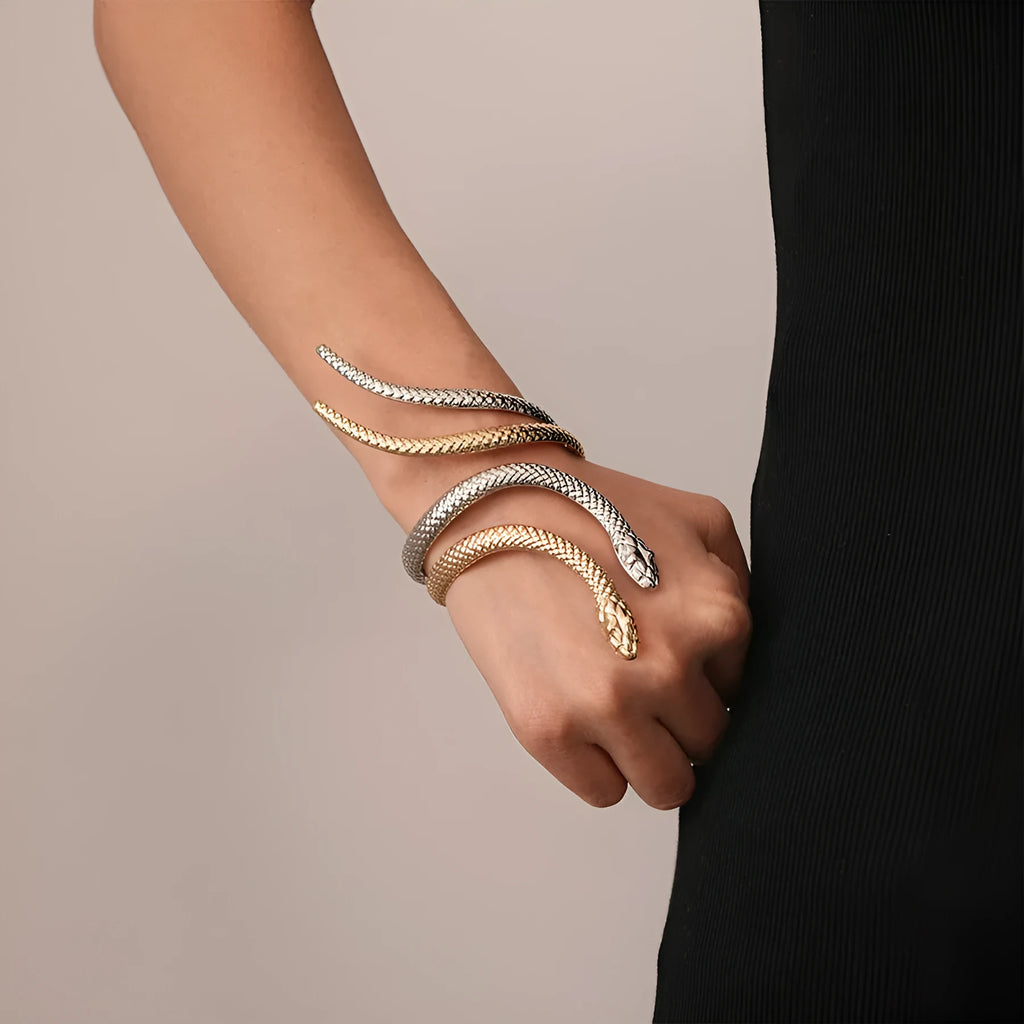 Exaggerated twisted winding simulated snake metal ring and bracelet jewellery set in gold and silver electroplated finishes