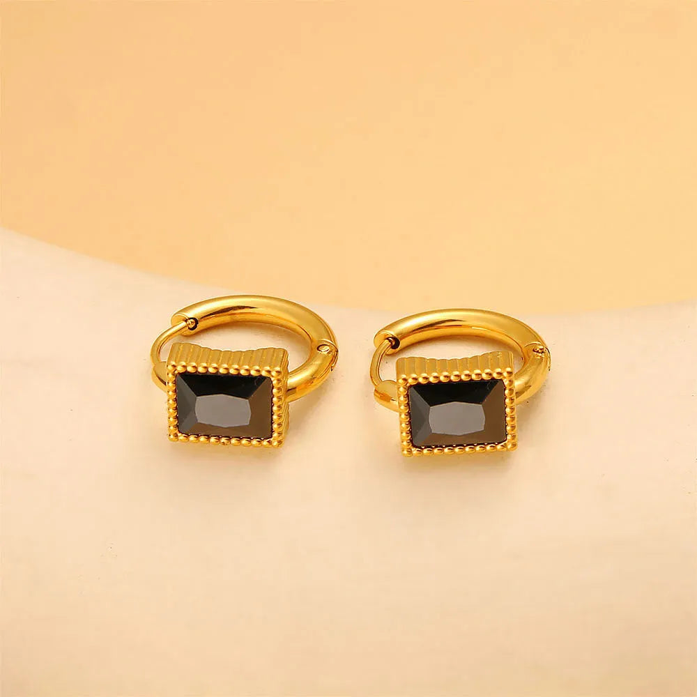 Square zircon stainless steel earrings with geometric design and round ring elements