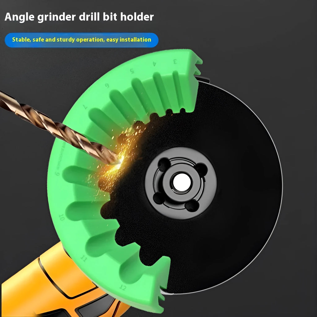 Yellow, green, and black angle grinder grinding bit bracket holders on a workbench.