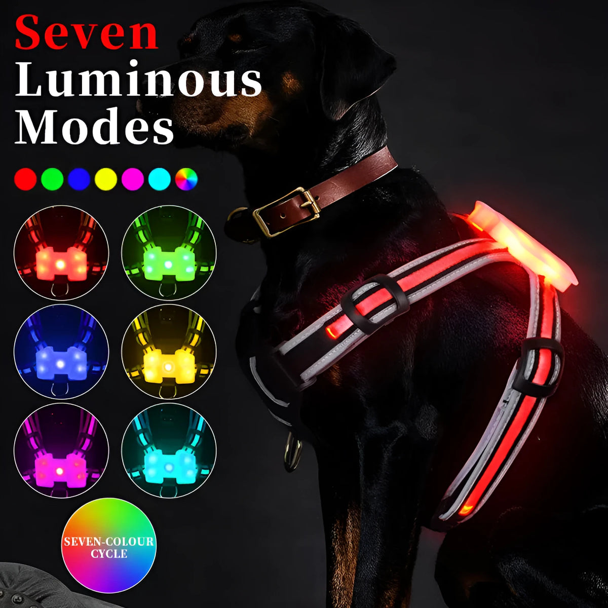 Nylon luminous dog lead with seven-colour LED lights and hand-holding rope design