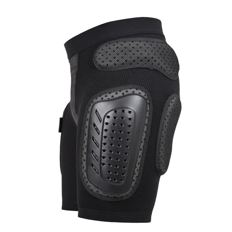 Black cycling protective trousers with integrated hip pads, shown in size L.