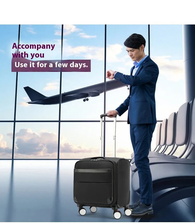 Black 18-inch Oxford cloth business suitcase with retractable handle and wheels.