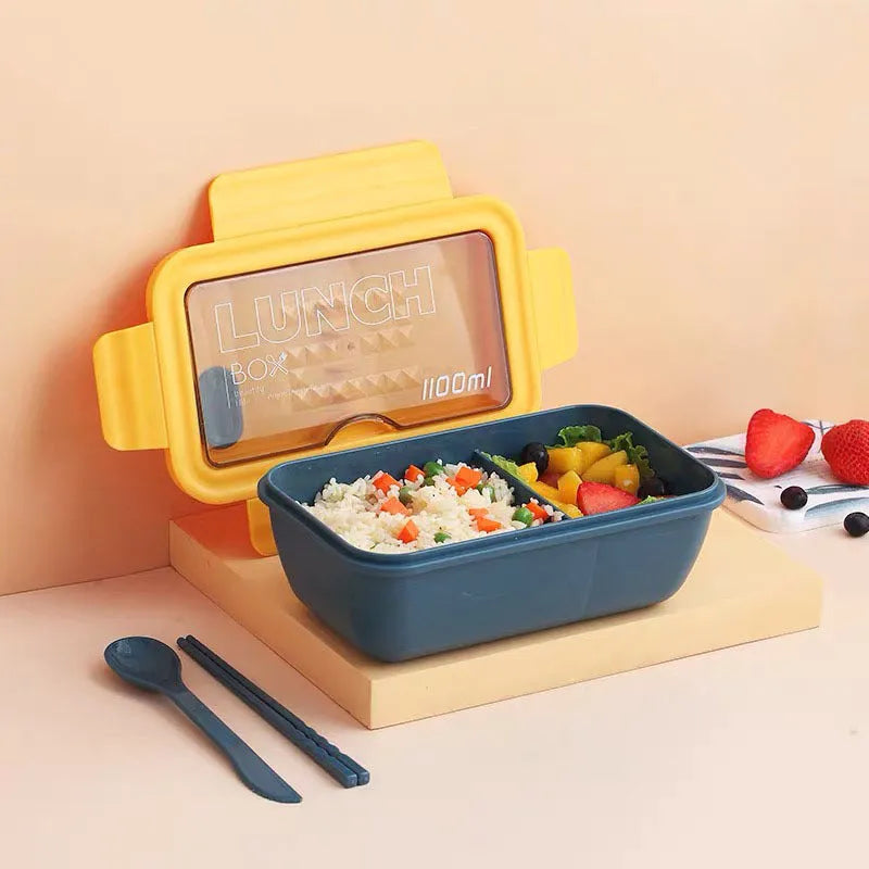 Four-layer partitioned bento lunch box in Nordic design with green, red, or yellow plastic construction