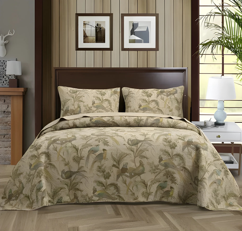 Blue cotton quilted bedspread set with American floral and bird pattern, size 230x250 cm.