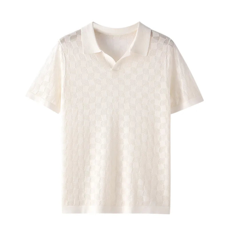 Men's short sleeve lapel sweater in mulberry silk, shown in a solid colour with a V-neck and Jacquard knit texture.