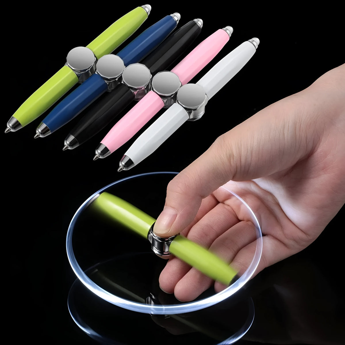 10.5cm metal gyro ballpoint pen with LED light and spinning mechanism for stress relief