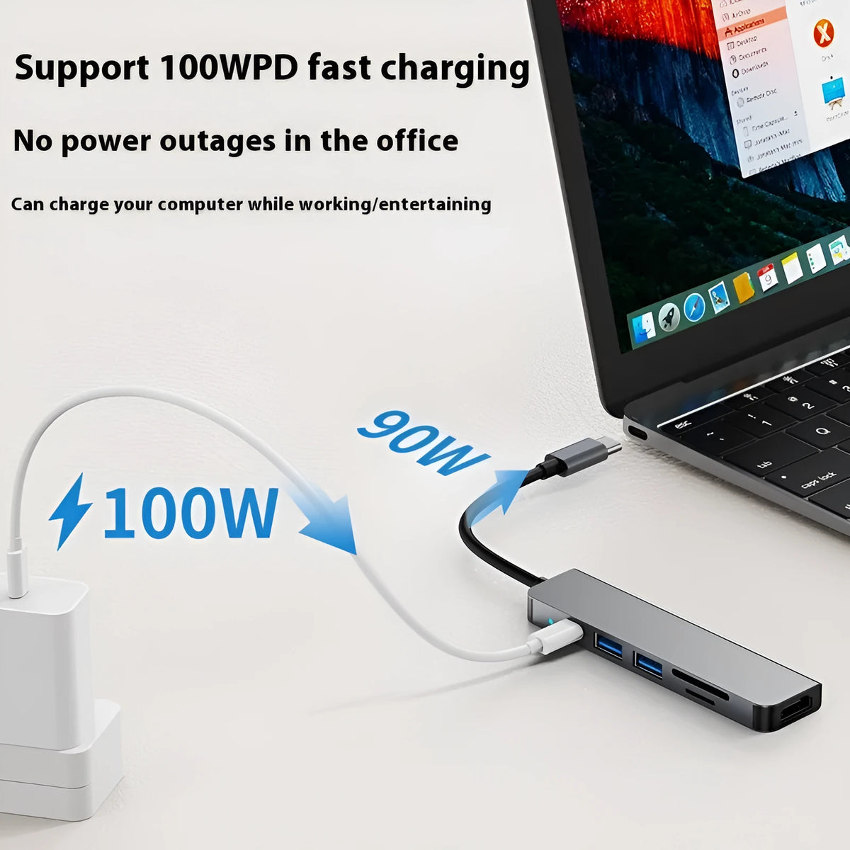 Six-in-one USB-C expansion dock for laptops with HDMI, USB ports, and card readers