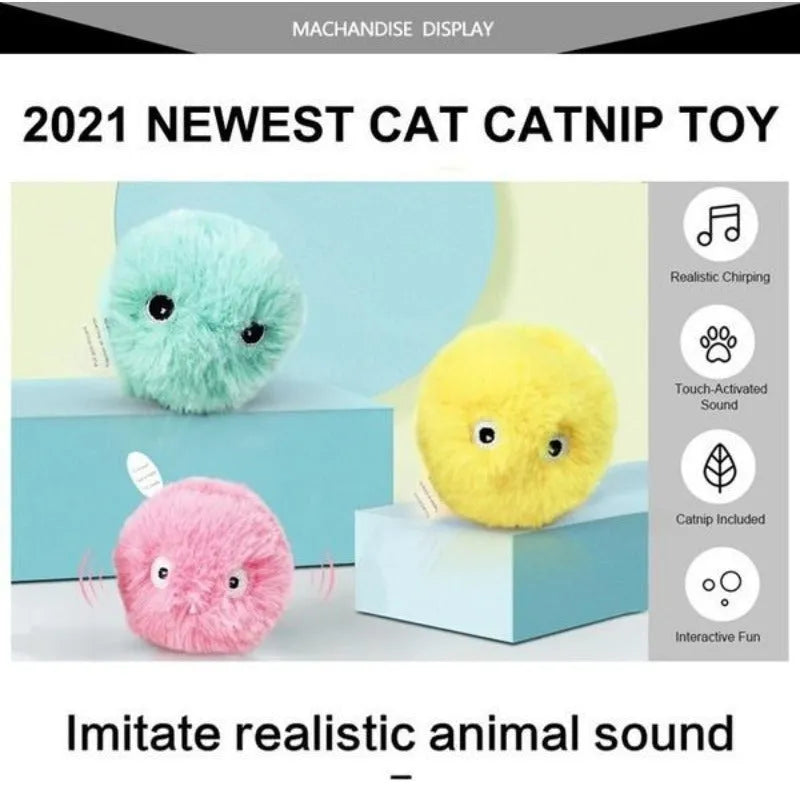 55mm diameter interactive cat toy ball in blue, pink or yellow colours with animal sound effects