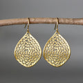 Gold colour retro-style drop earrings with a hollow leaf pendant design