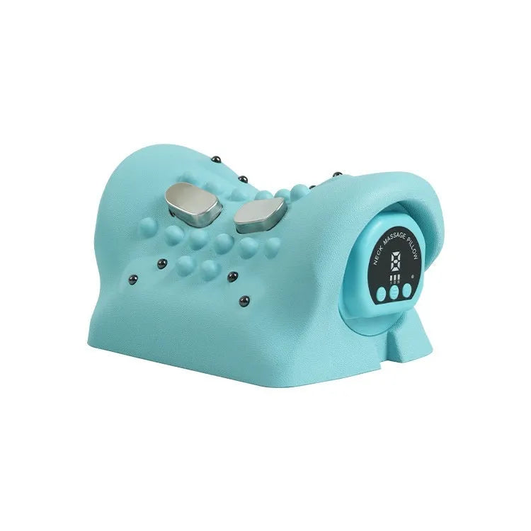 Blue-green portable EMS hot compress massage pillow for shoulder and neck relief