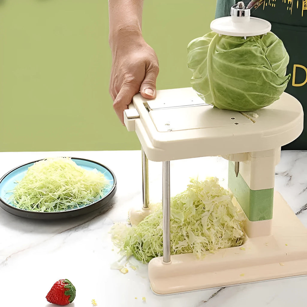 Beige kitchen vegetable slicer chopper tool with stainless steel blades for slicing potatoes and other vegetables
