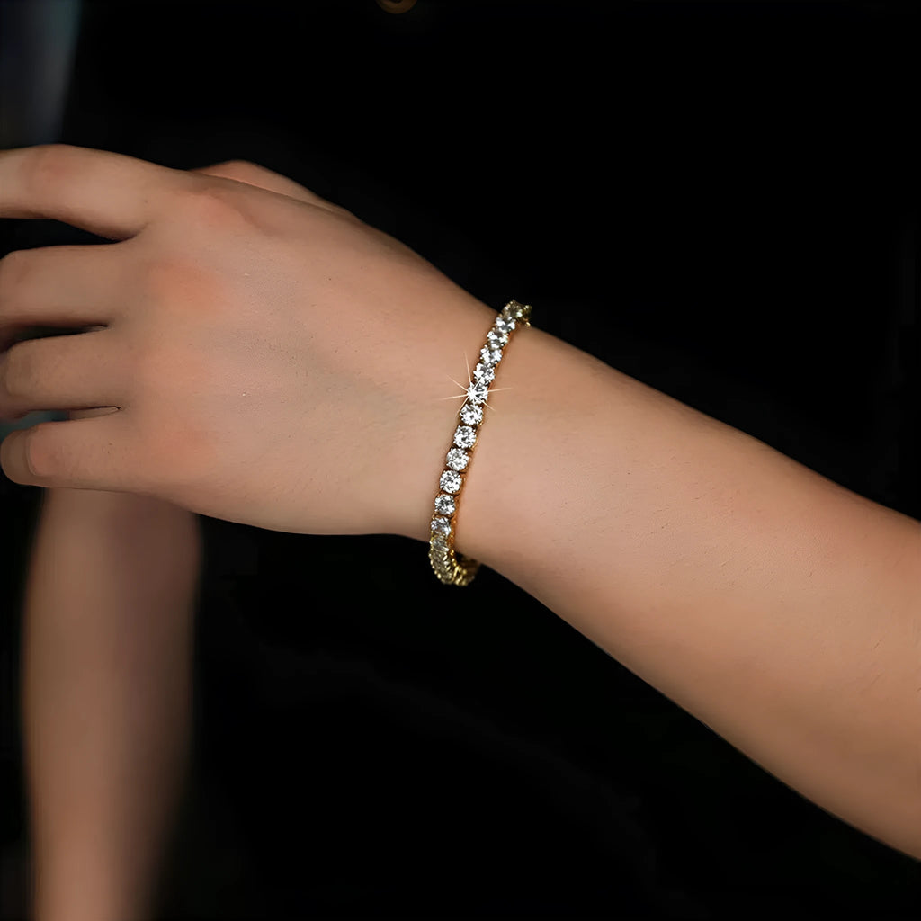 18K gold electroplated zircon tennis bracelet and necklace set, 2mm wide, in gold or silver colour.
