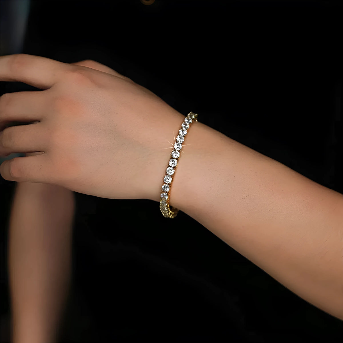18K gold electroplated zircon tennis bracelet and necklace set, 2mm wide, in gold or silver colour.