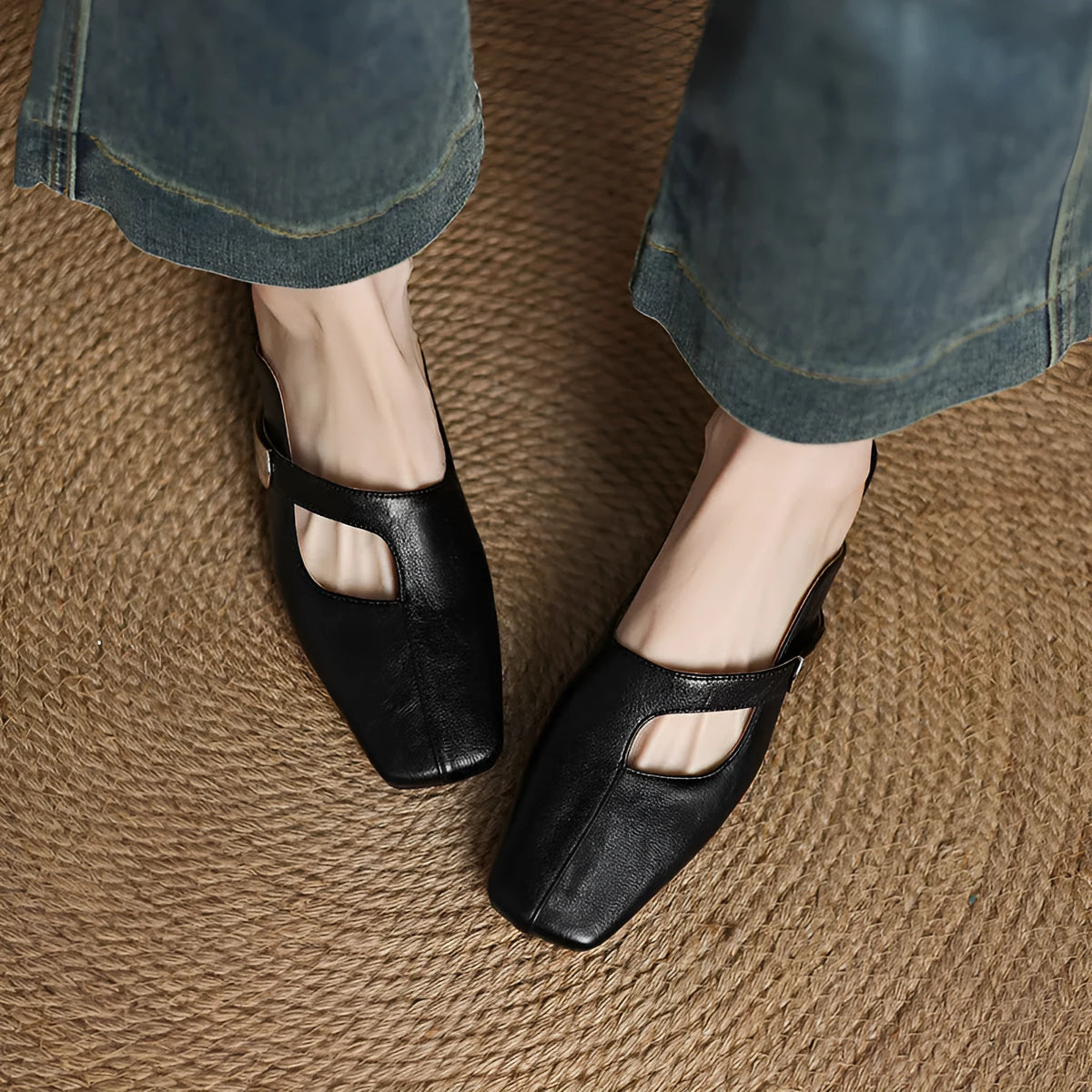 British style square toe leisure slippers in beige with a low heel and rubber sole.