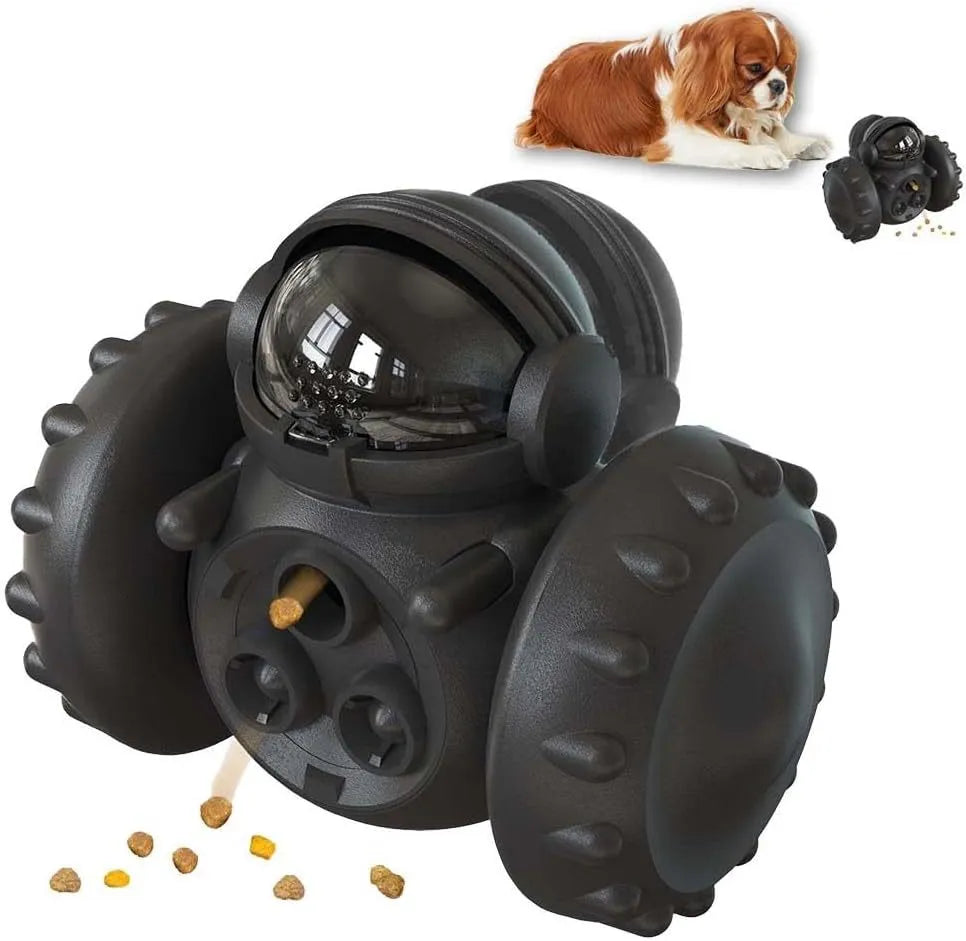 Self-balancing dog treat dispenser toy with robot design in multiple colours