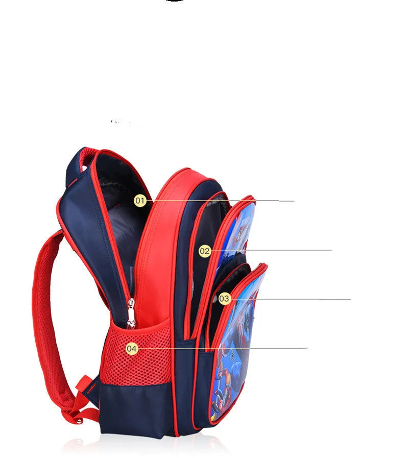 Children's nylon backpack with colourful anime cartoon print, shown with matching pencil case, dimensions 30x14x42cm.