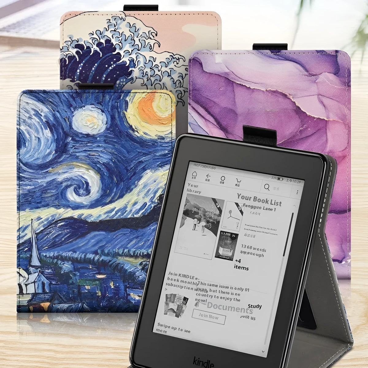 Black TPU Kindle case with bracket frame for 6-inch Youth and Paperwhite models on a table.