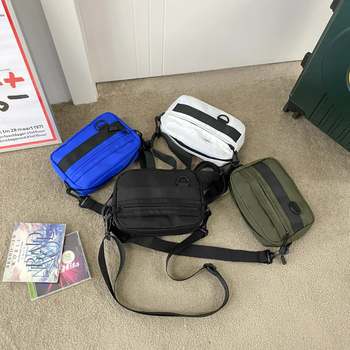 Men's street style nylon messenger bag with crossbody strap in solid colour