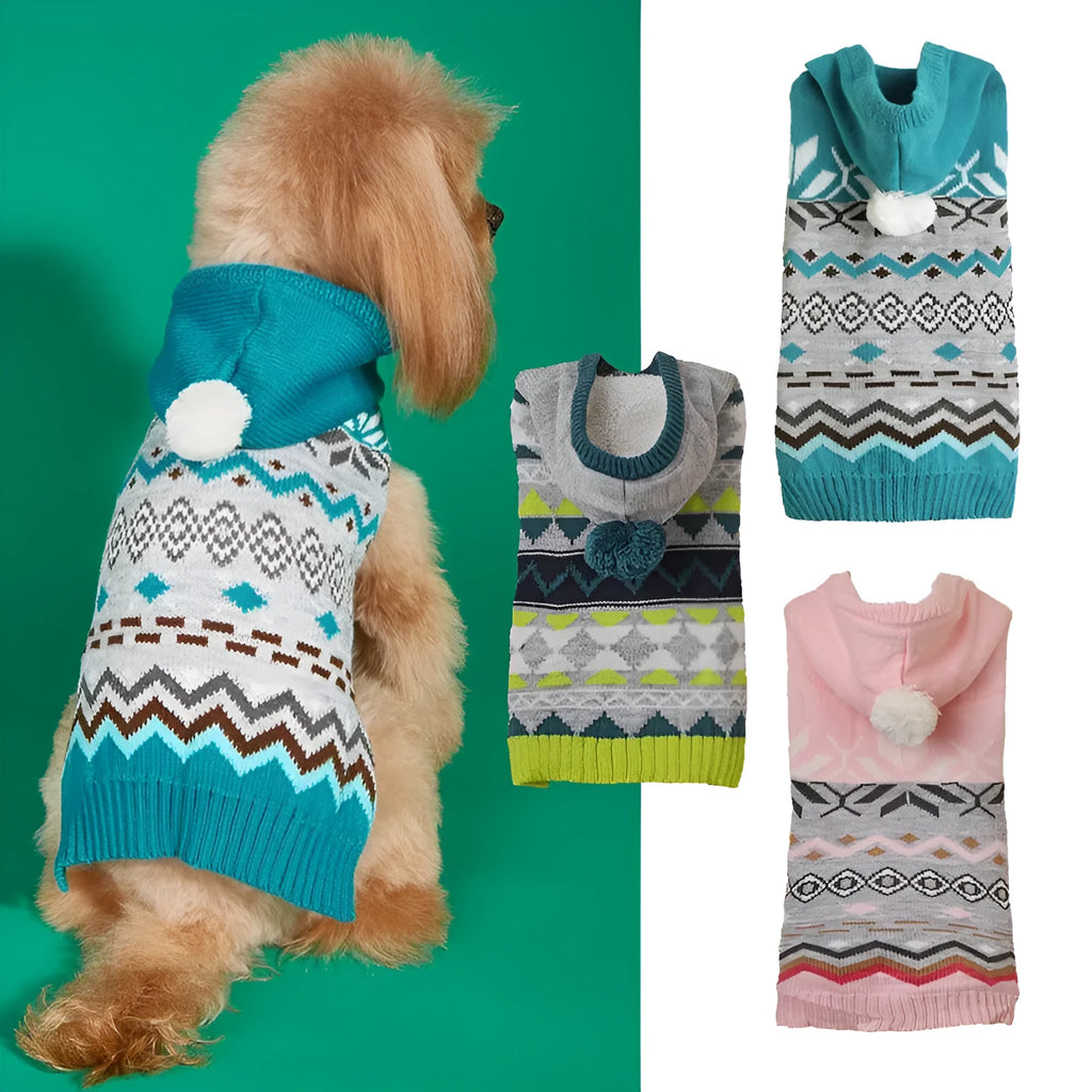 Green diamond pattern pet sweater on small dog showing acrylic knit texture and classic design