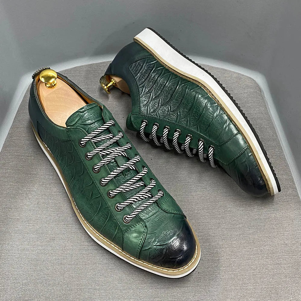 Men's handmade embossed fashion shoes with front tie closure in black, green, grey, or white.