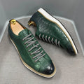 Men's handmade embossed fashion shoes with front tie closure in black, green, grey, or white.