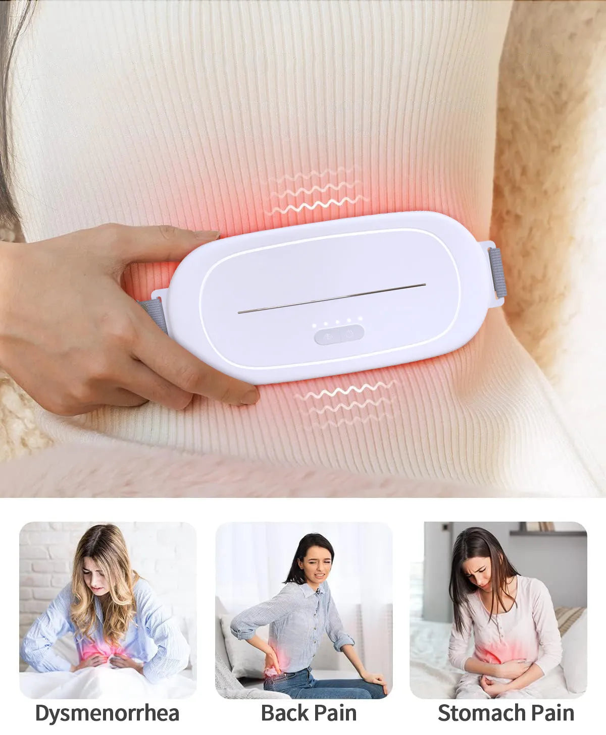 White uterine warming device with an adjustable strap laid flat on a surface.