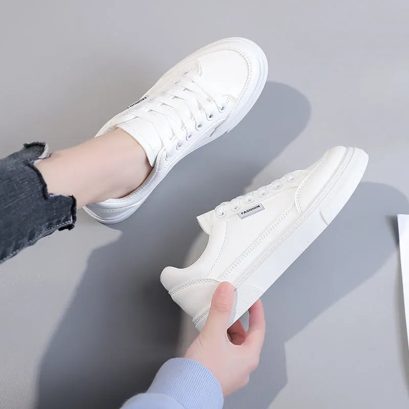 Korean style white and brown women's low-top sneakers with artificial PU leather upper