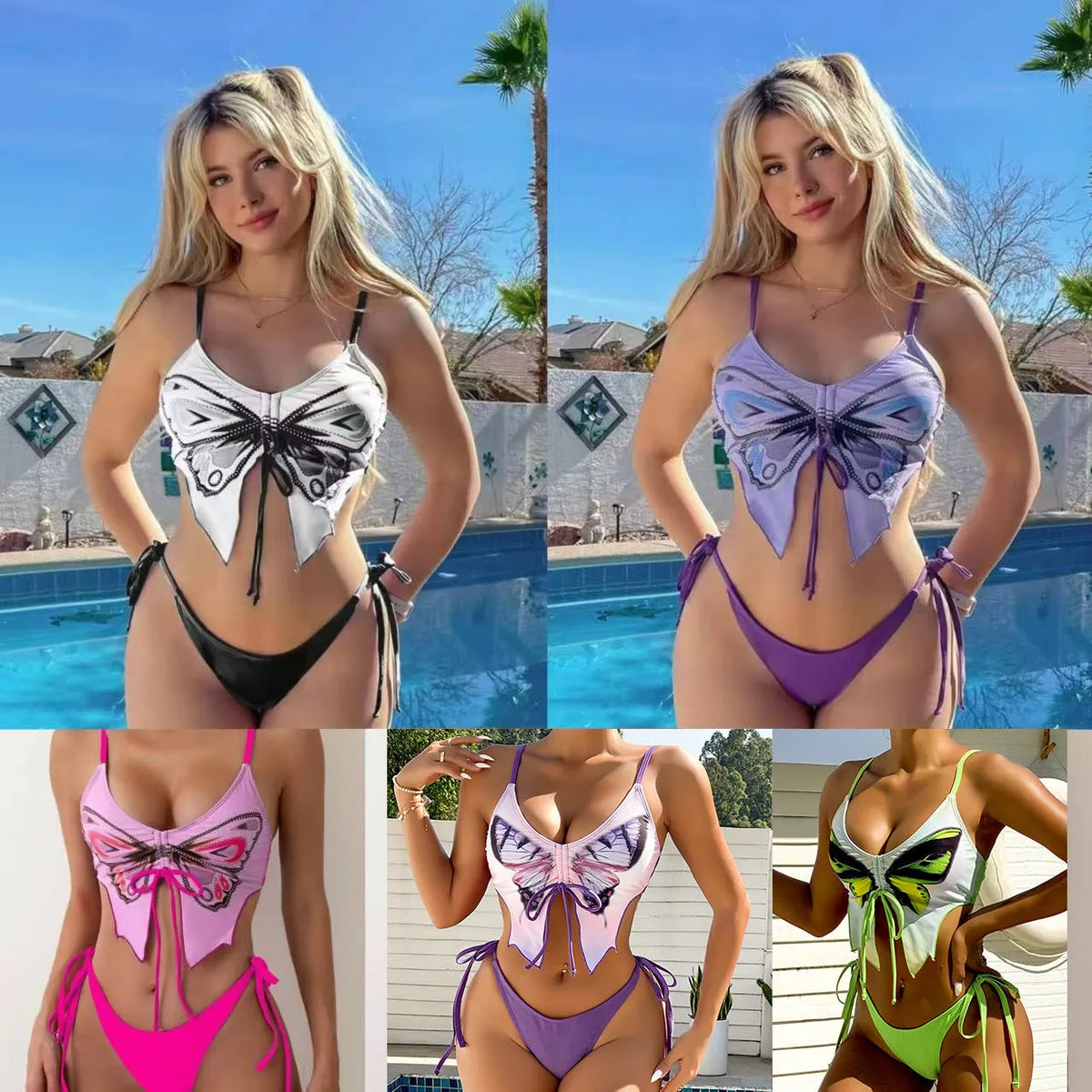 Women's purple bikini swimsuit with bow decoration on the top and split high-waisted briefs.