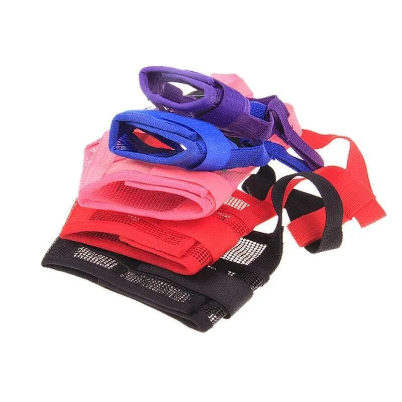 Adjustable plastic dog muzzle shown in multiple colours and sizes for biting and barking control.