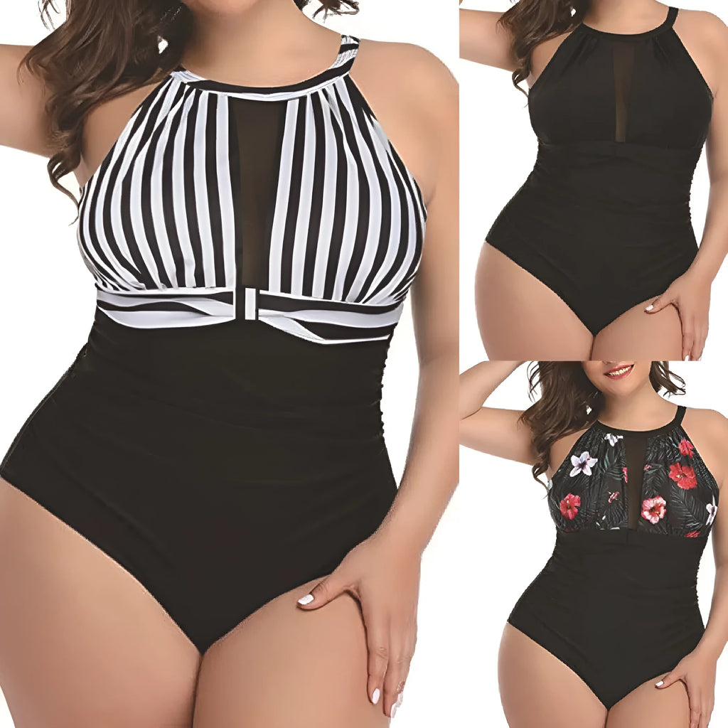 Women's black lace-trimmed one-piece swimsuit on a mannequin, front view.
