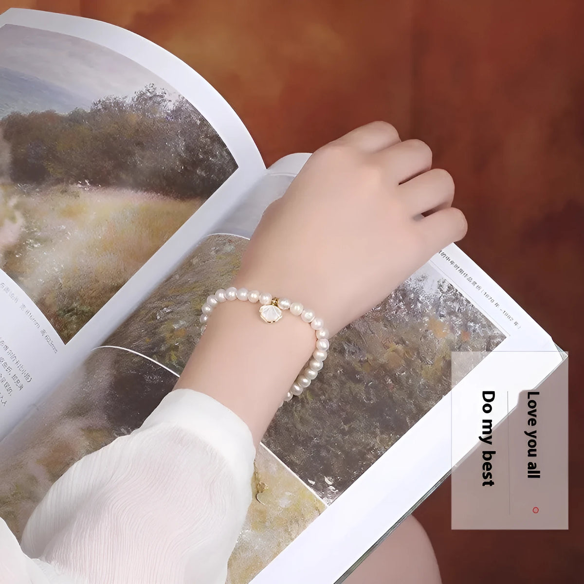 Real natural 5-6mm freshwater pearl bracelet with fan shape design and alloy details on 16cm band