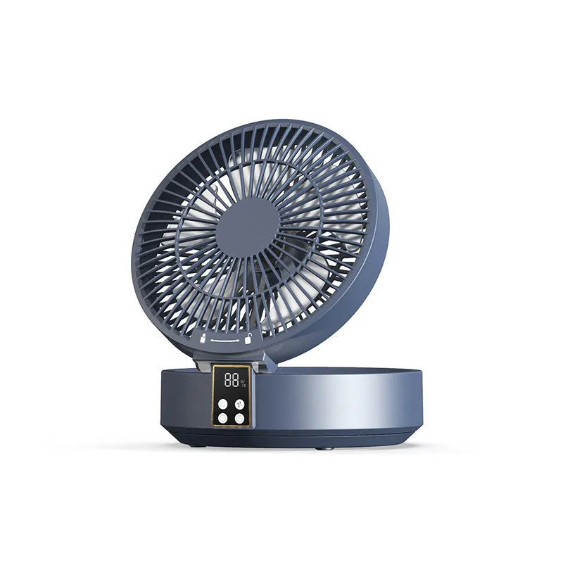 White portable folding fan with remote control showing 90° adjustable head and USB charging port