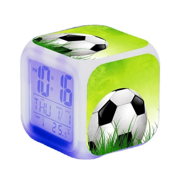 Square football pattern children's alarm clock with cartoon design and mute functionality