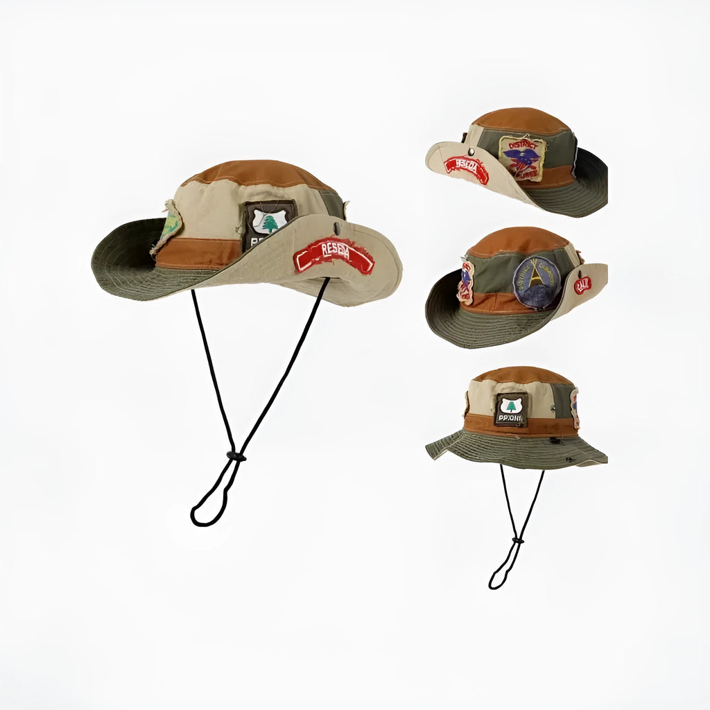 Army green women's fisherman hat with patchwork design and hand-painted details