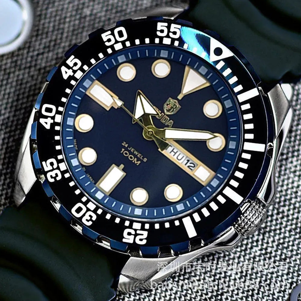 Men's waterproof luminous quartz business watch with silver case and blue dial on steel strap