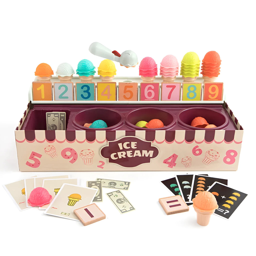 Kids ice cream math play set with colourful number sign, ice cream balls, and cards for role play