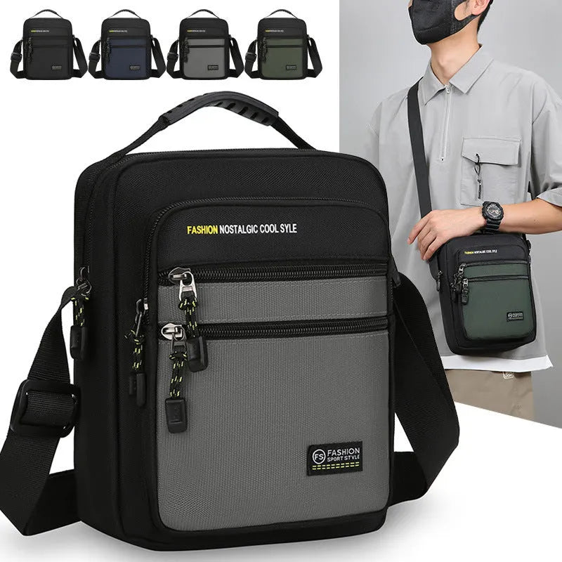Men's nylon crossbody bag in green colour with multiple compartments and adjustable strap.