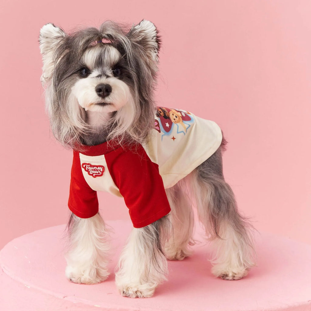 Cotton dog summer clothes in contrast colour design, available in embroidered red or pink, sizes XS to XXL
