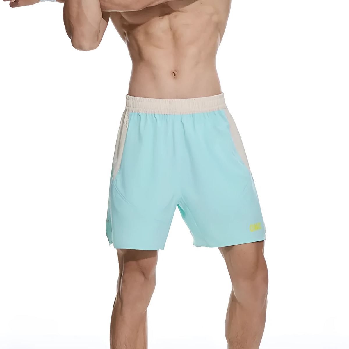 Men's loose grey workout shorts with elastic lace-up waistband on a hanger.
