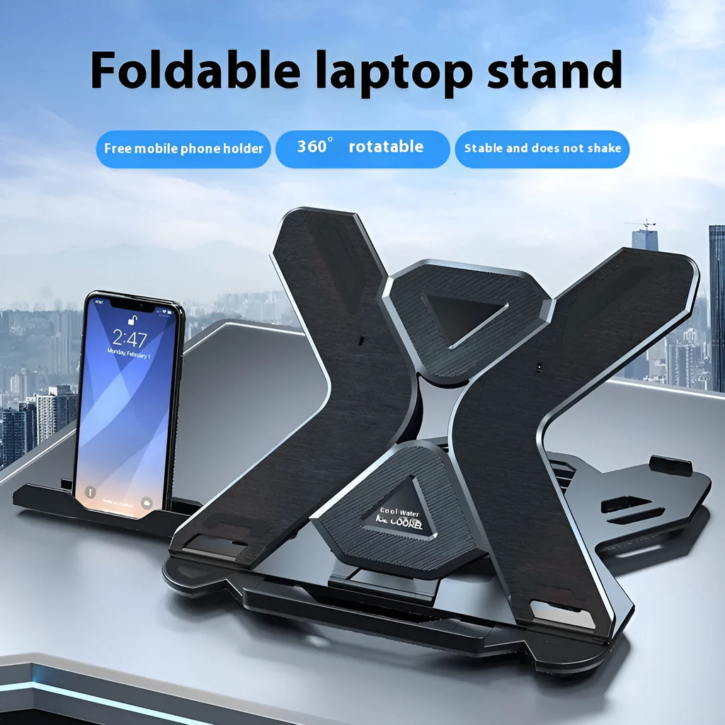 Black ABS plastic laptop stand with an integrated mobile phone holder on a wooden desk.