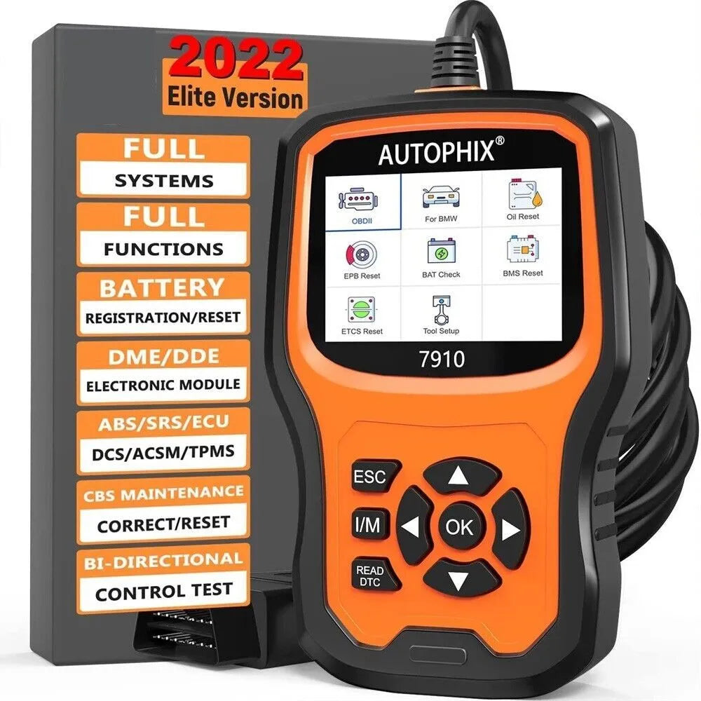 Autophix 7910 BMW diagnostic tool with display showing fault codes and connection cable