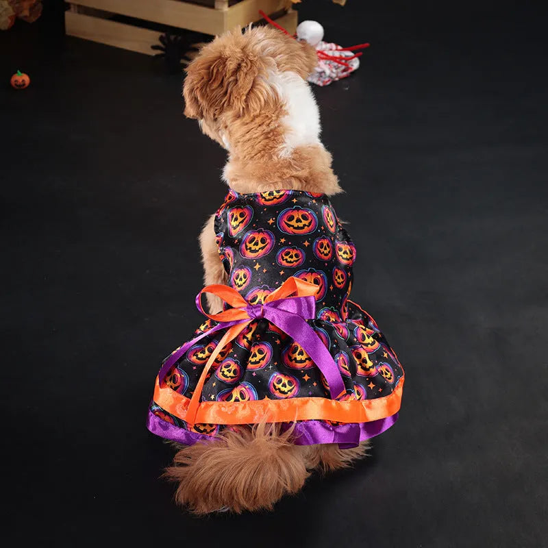 Halloween dog skirt with colourful pumpkin pattern and elastic waistband