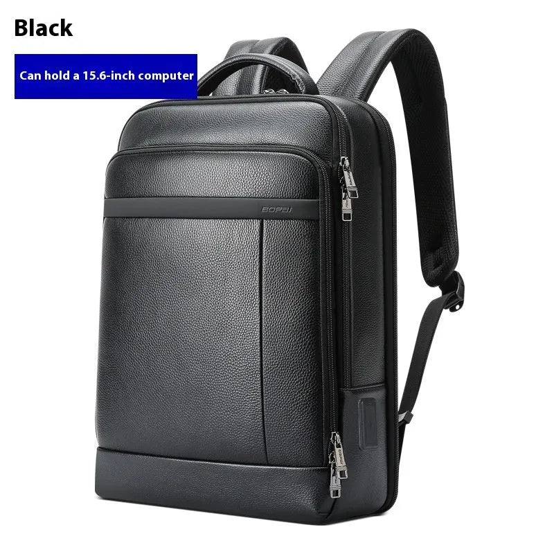 Black first layer cowhide leather business backpack with USB port and curved shoulder straps