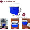 Blue portable insulated cooler box with aluminium foil interior, shown with lid open.