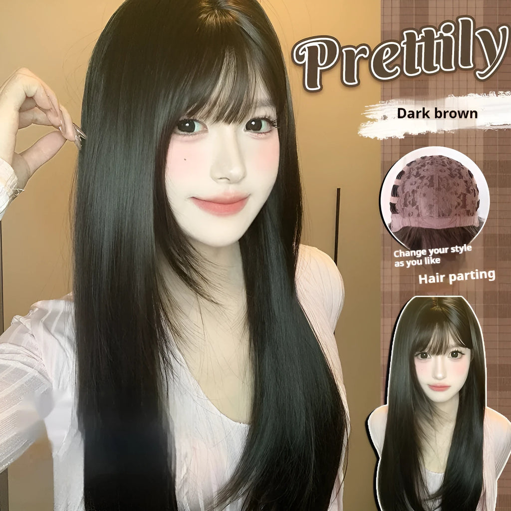 Dark brown women's wig with long straight hair and fringe, made from heat-resistant synthetic fibre