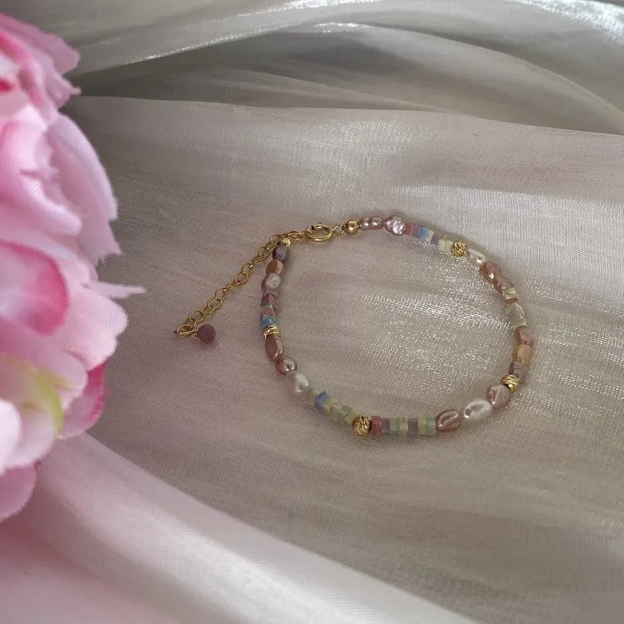 Women's natural pearl bracelet and necklace set with 14K gold gilded purple silver accents in U-shaped design