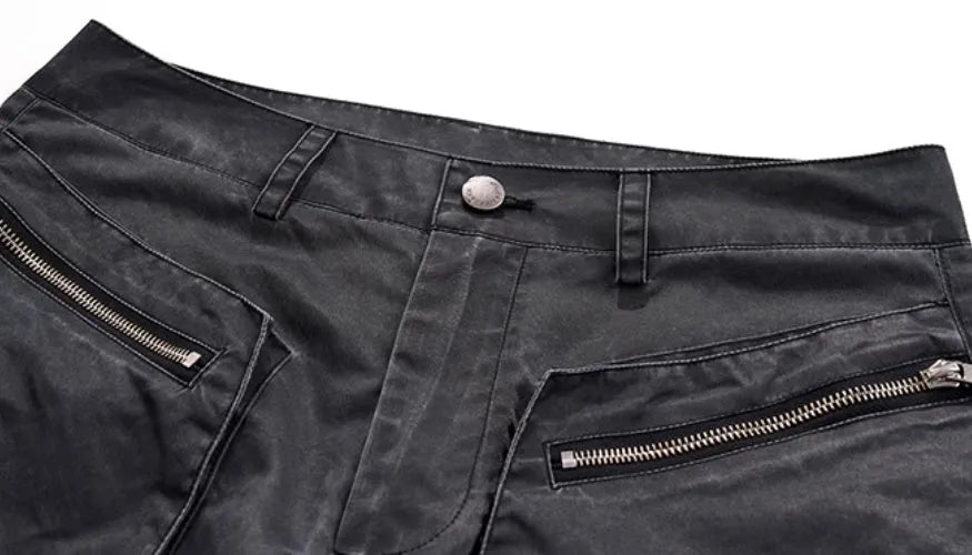 Retro grey three-dimensional keel casual sports pants on a model, showing straight hem and tight fit.