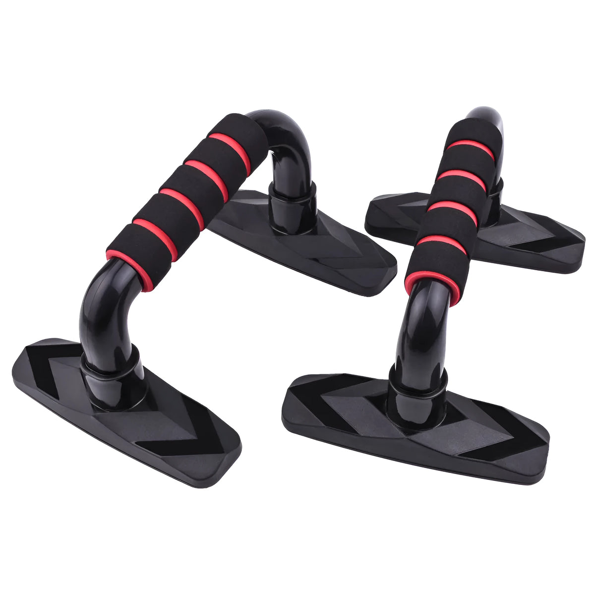 Pair of I-shaped black push up bars with PP sponge handles for home exercise.
